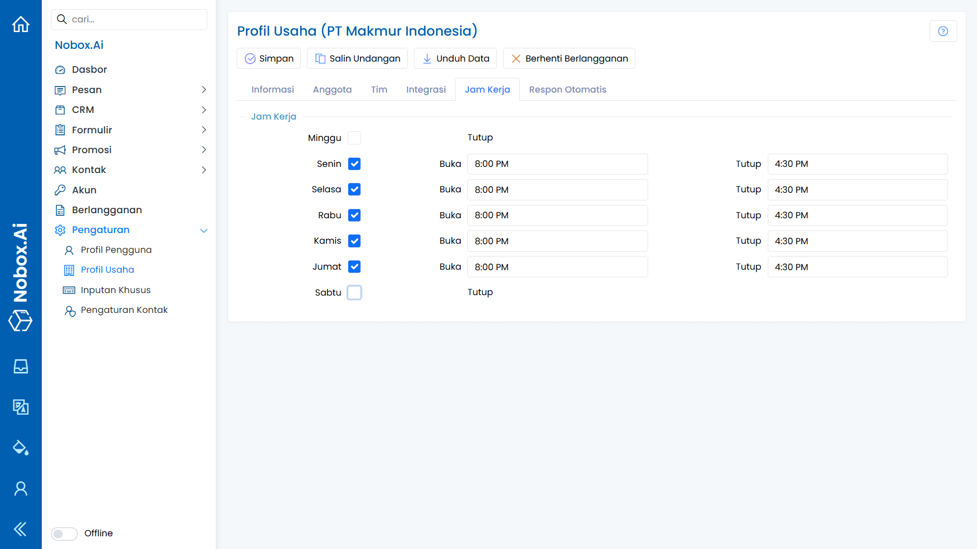 Working Hours Configuration