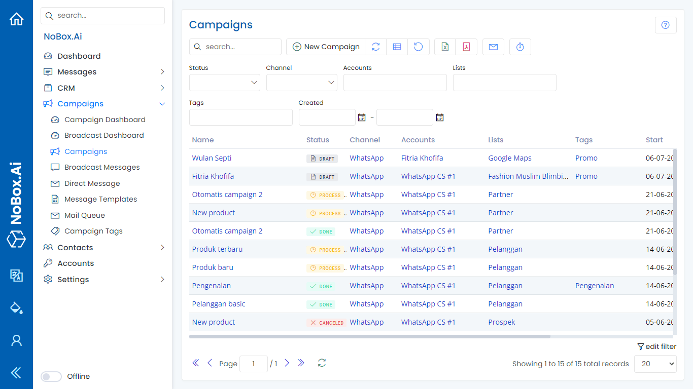 NoBox Campaigns View