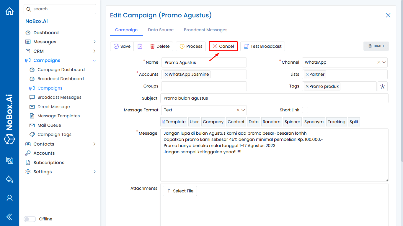 NoBox Cancel Campaign View