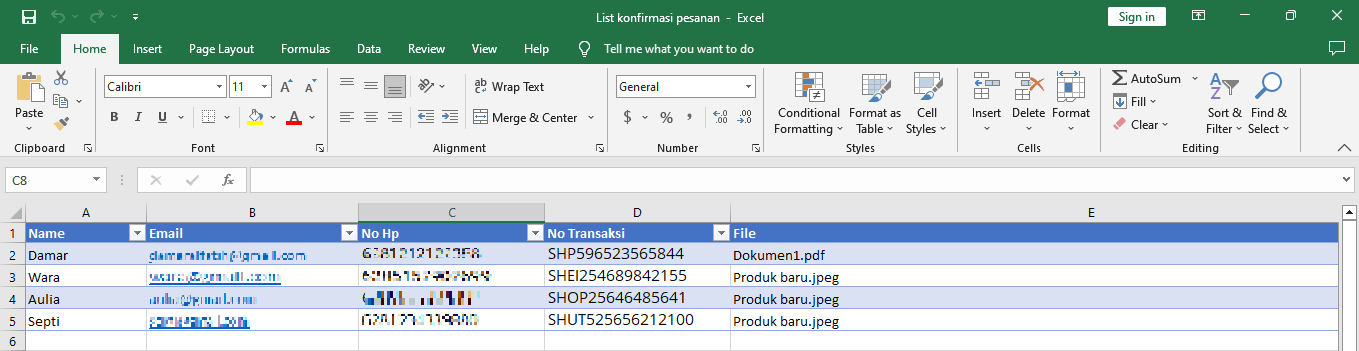 NoBox Contoh Excel View