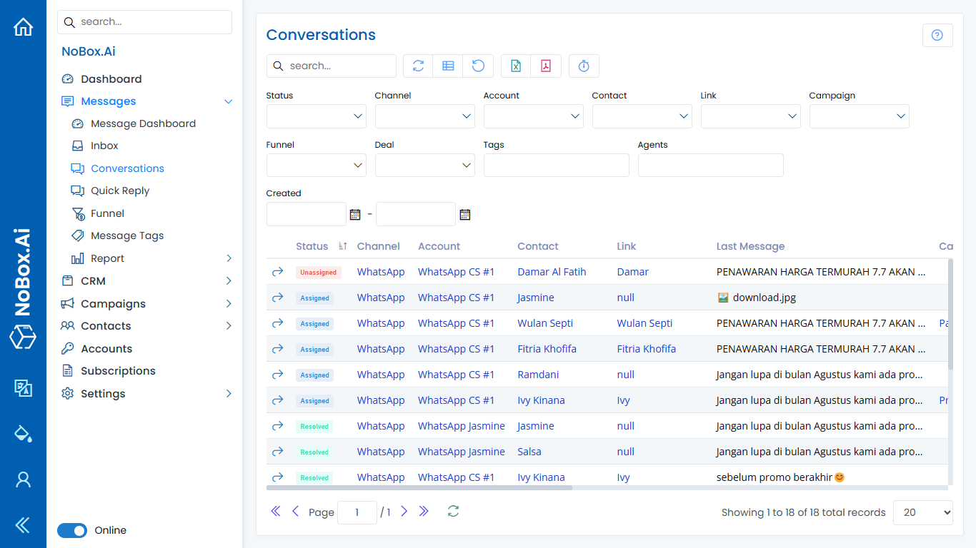 Tampilan Menu Percakapan