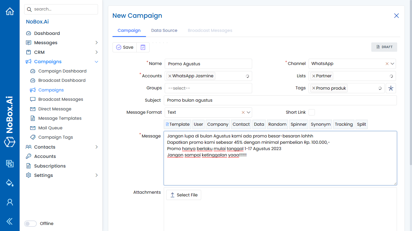 NoBox New Campaign View