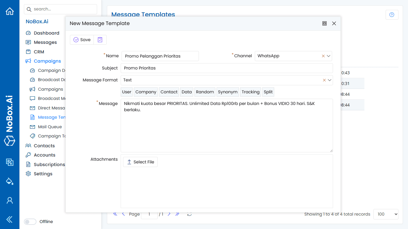 NoBox New Message Template View