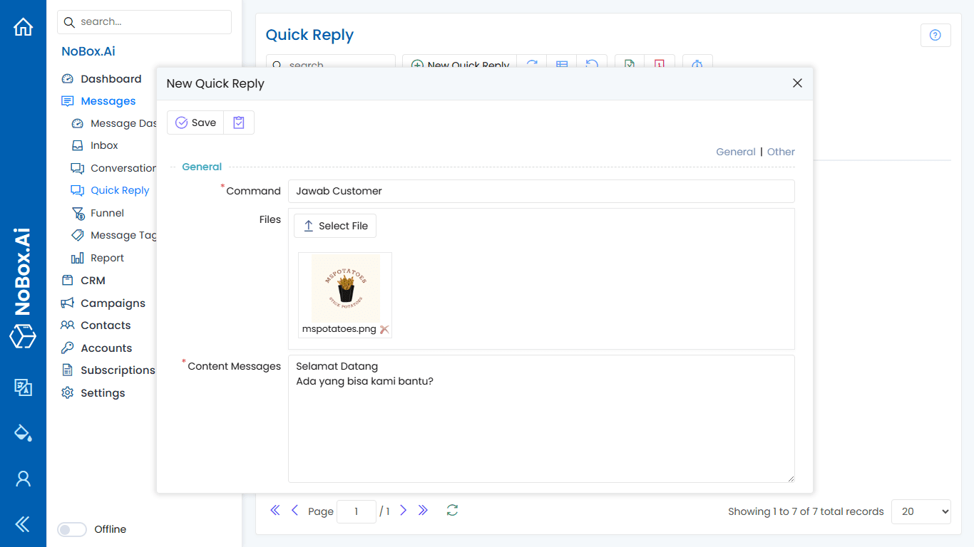 Add New Quick Reply Dialog