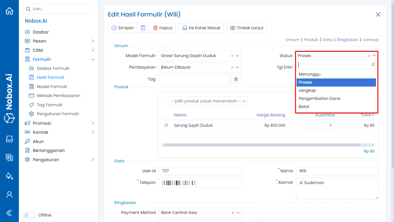 Sales Status Update Interface