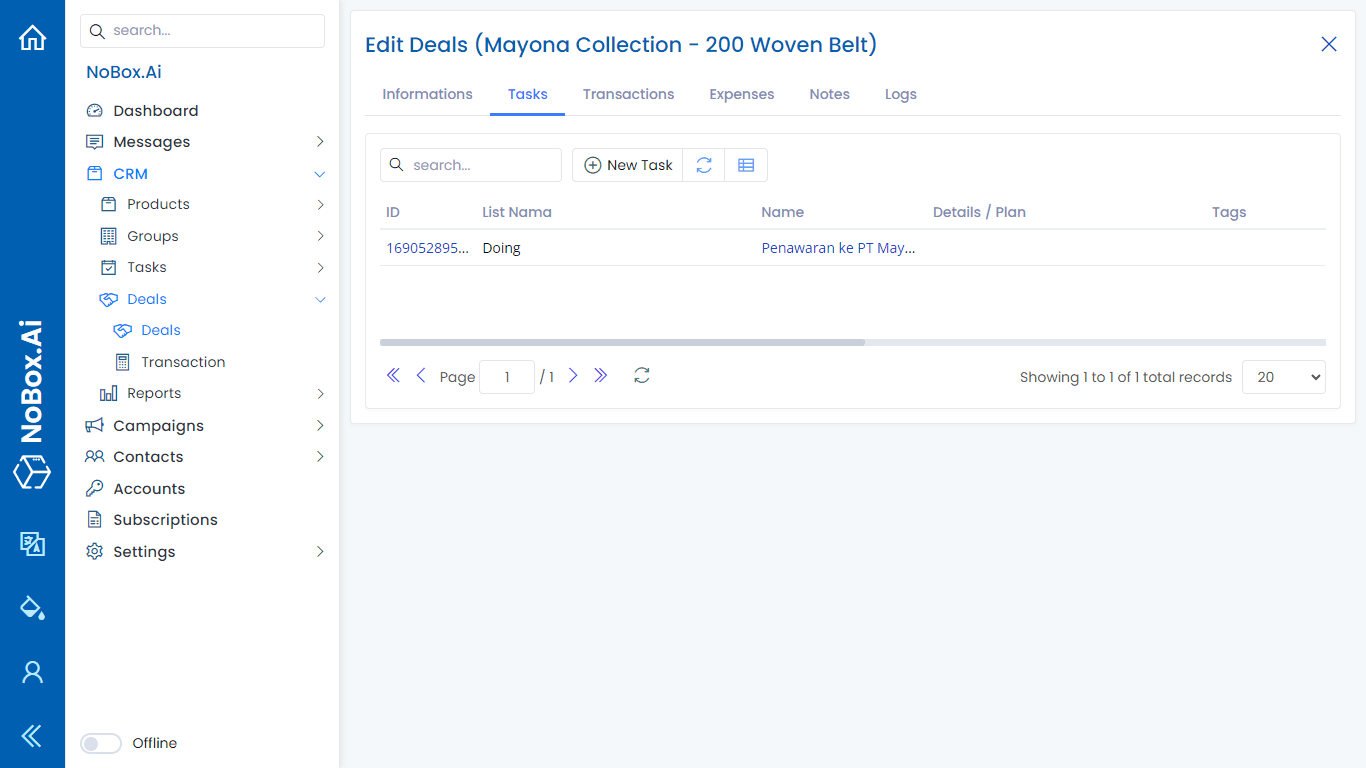 Tampilan Dasbor NoBox