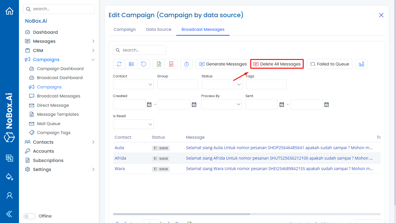 NoBox Delete All Messages View
