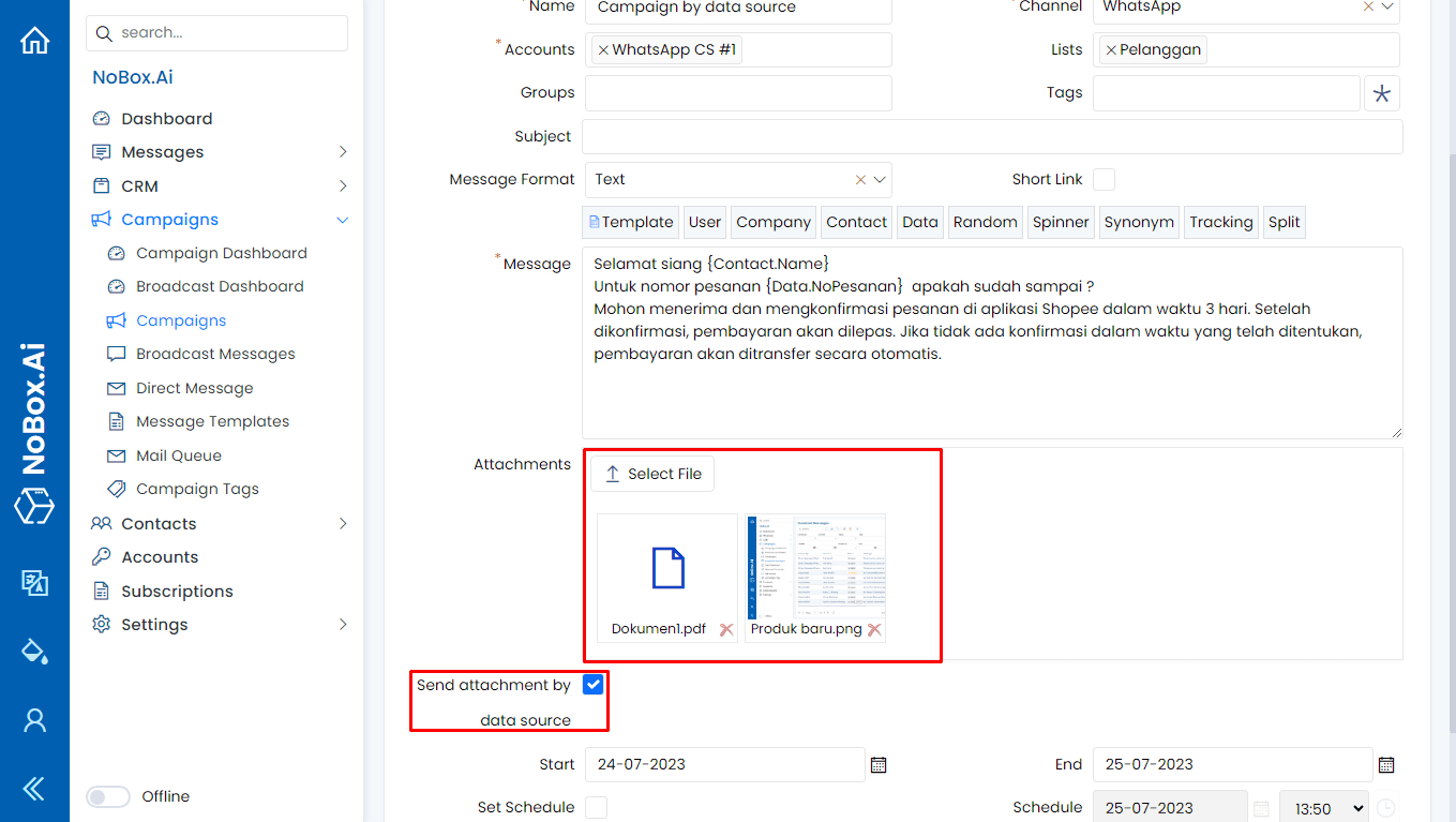 NoBox Send Attachments By Data Source View
